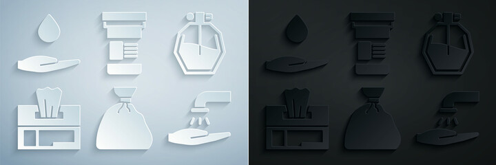 Set Garbage bag, Perfume, Wet wipe pack, Washing hands with soap, Medicine bottle and icon. Vector