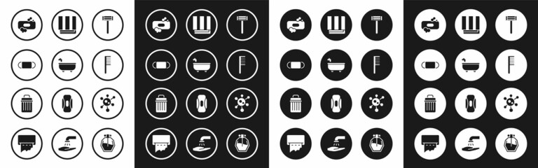 Set Shaving razor, Bathtub, Medical protective mask, Bar of soap, Hairbrush, Towel stack, Virus and Trash can icon. Vector