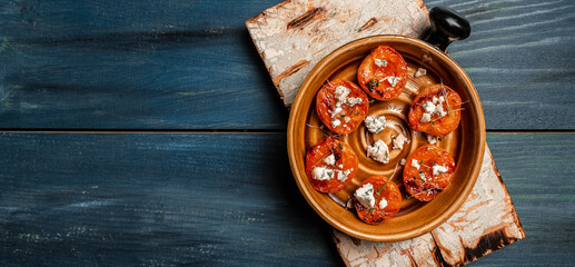 Summer snack sandwiches with grilled peaches, dor blue cheese, wooden background, banner, catering...