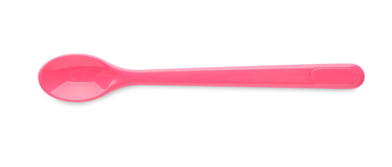 Plastic spoon isolated on white, top view. Serving baby food