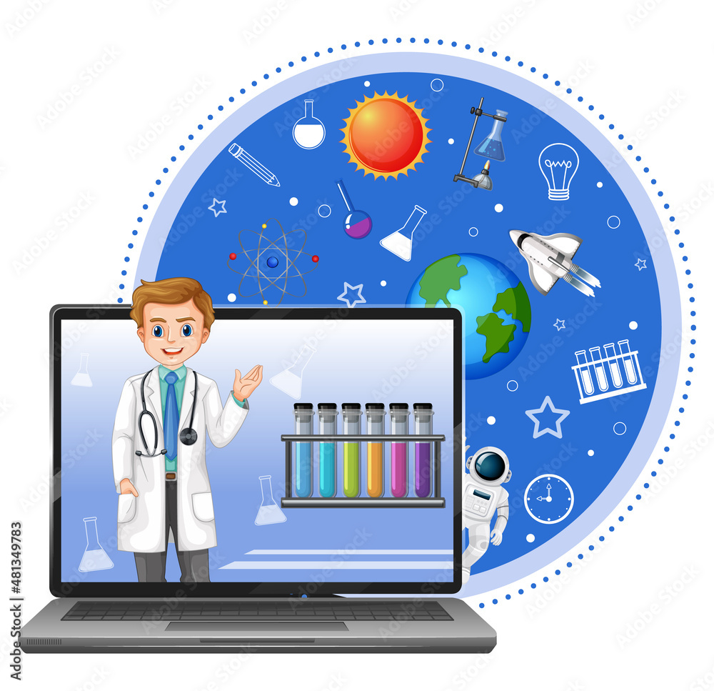 Wall mural Laptop with scientist and space objects