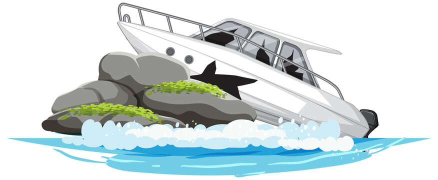 white boat crashed on rocks in water clip art preview