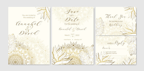 Set of luxury wedding invitation templates with beautiful tropical flowers and mandala. Golden outline on a light background.