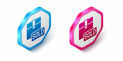 Isometric Sold icon isolated on white background. Hexagon button. Vector