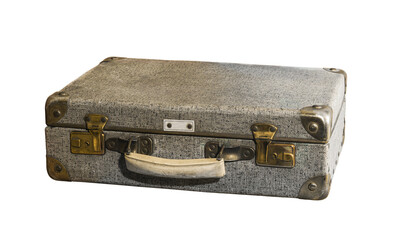 A gray, damaged, shabby suitcase with a white handle and metal corners on a white background. Isolated