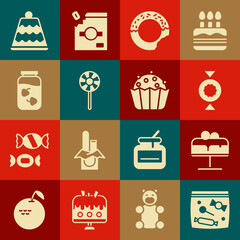 Set Candy packaging for sweets, Cake on plate, Donut, Lollipop, Strawberry jam jar, and Cupcake icon. Vector