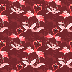 Vector seamless tropical pattern, Two flamingos in love and tropical palm leaves, plants, bird of paradise. Romantic Valentine's Day template. Pattern trend design.

