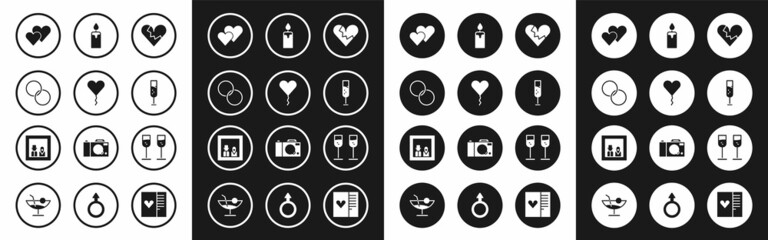 Set Broken heart or divorce, Balloon in form of, Wedding rings, Heart, Glass champagne, Burning candle, and Family photo icon. Vector