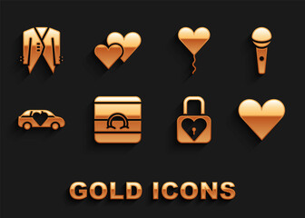 Set Wedding rings, Microphone, Heart, Lock and heart, Limousine car, Balloon form of, Suit and icon. Vector
