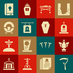 Set Scythe, Christmas angel, Grave with tombstone, Dead body in morgue, Signboard, Memorial wreath, Holy bible book and Coffin cross icon. Vector