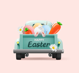 Happy Easter holiday. Vintage blue car with Easter rabbit and carrots, eggs., flowers on pink background. Realistic vector illustration. Easter and spring banner. - 481350715