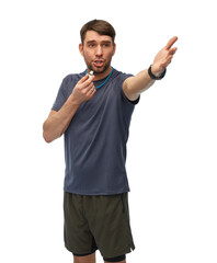 Fototapeta premium fitness, sport and healthy lifestyle concept - displeased male trainer or referee with whistle over white background