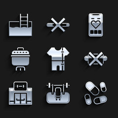 Set Sport track suit, Bench with barbel, Vitamin pill, No junk food, Gym building, Cooking pot, Mobile heart rate and Swimming pool ladder icon. Vector