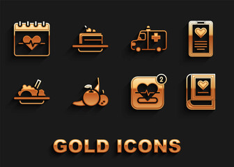 Set Fruit, Medical clipboard, book, Mobile with heart rate, Healthy food, Ambulance and emergency car, Heart and Cake icon. Vector