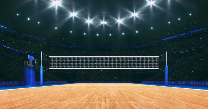 Volleyball court and front player's view of the net. Sport arena as 4k background animation in endless loop.