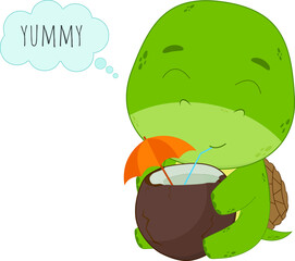 Cute cartoon turtle holding a coconut in his hands.Turtule isolated on white background. Vector illustration for designs and print.