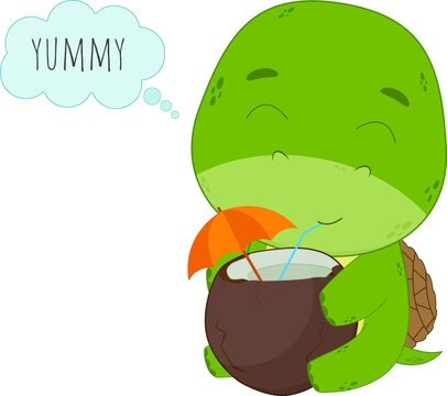 Cute cartoon turtle holding a coconut in his hands.Turtule isolated on white background. Vector illustration for designs and print.