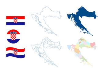 Obraz premium Croatia map. Detailed blue outline and silhouette. Administrative divisions and counties. Country flag. Set of vector maps. All isolated on white background. Template for design and infographics.