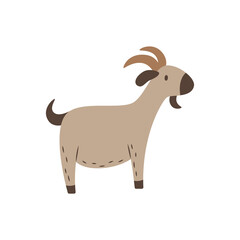 Cute cartoon goat in doodle style. Farm or ranch dairy animal. Simple flat cattle icon. Illustration for children's educational books, games. Clipart, element, label for milk packaging. Factory logo.