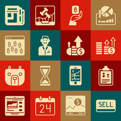 Set Sell button, Business finance report, Financial growth and dollar, Hand holding Bitcoin, Trader, browser, Stock market news and icon. Vector