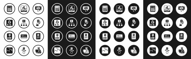Set Stacks paper money cash, Blockchain technology Bitcoin, Pie chart infographic, Calculator, Hand holding, Online internet auction, Business finance report and Financial book icon. Vector