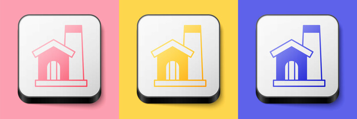 Isometric Smithy workshop interior icon isolated on pink, yellow and blue background. Square button. Vector