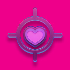 Heart in target and cupid hitting aim. Valentine's day concept icon in plastic or glass design with reflection. Love feelings symbol, emotion relationship. 3D illustration pictogram for mobile app