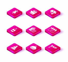 Set Party hat, Christmas covered with tray, Champagne bottle, Gift box, Festive mask, Calendar, Winter scarf and mitten icon. Vector