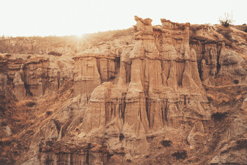 Fairy Chimneys at sunset. Kula Volcanic Geopark is a geological heritage site located in Kula, Manisa.