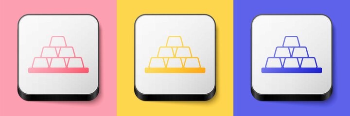 Isometric Gold bars icon isolated on pink, yellow and blue background. Banking business concept. Square button. Vector