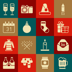 Set Wooden beer mug, Christmas party invitation card, Gift box, Santa Claus hat, ball, Calendar, Glass of champagne and stocking icon. Vector