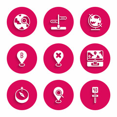 Set Location with cross mark, Search location, Road traffic sign, Monitor marker, Compass, Earth globe and Magnifying glass icon. Vector