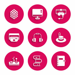 Set Headphones, Book, Spiral notebook, Man hat, Gamepad, Waist bag of banana, Virtual reality glasses and Rubik cube icon. Vector
