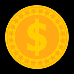 Gold coin with dollar sign on black background, American and world currency