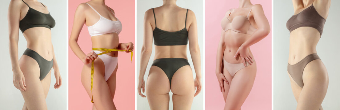 Set of cropped images of sportive bodies, bellies and bottocks of young women isolated on pink and white studio background. Natural beauty concept