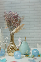 
The festive table is beautifully served to receive guests. An example of decorating a table for a birthday or anniversary celebration. Wedding table. Nutcracker style table