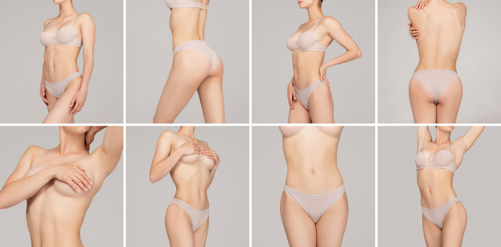 Set of cropped images of sportive body, bellies, bottocks and breast of young toned woman isolated on gray studio background.