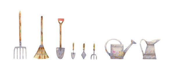 Watercolor gardening instruments collection. Shovel, pitchfork, broom, flower scoop, mini forks for flowers, scoop for weeding