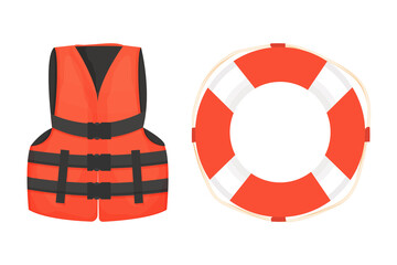 Life jacket and life buoy with rope and belt equipment for safety in cartoon style isolated on white background.  - obrazy, fototapety, plakaty