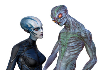 3d illustration of a frail female alien being looked at by a large orange eyed alien on a white background.