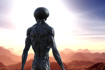 3d illustration of an alien looking at a desolate world with mountains and a large very bright star and planet. - 481353398