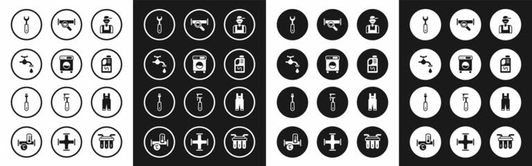 Set Plumber, Washer, Water tap, Wrench spanner, Drain cleaner bottle, Industry metallic pipe, Work overalls and Screwdriver icon. Vector