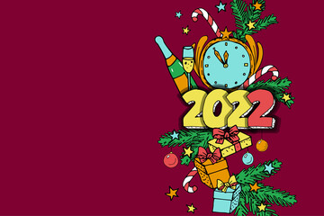 Winter New Year doodle border. Christmas tree party decoration presents champagne. Merry greeting card hand drawing element sketch. Cartoon graphic vector illustration