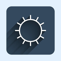 White line Sun icon isolated with long shadow background. Blue square button. Vector