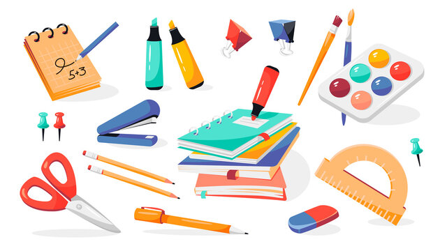 School supplies: notebooks, pens, pencils, eraser, paints, brushes, stapler, scissors, markers, protractor, notepad. Back to school.