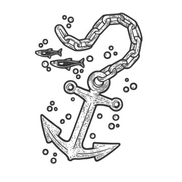 torn off severed anchor sketch engraving raster illustration. T-shirt apparel print design. Scratch board imitation. Black and white hand drawn image.
