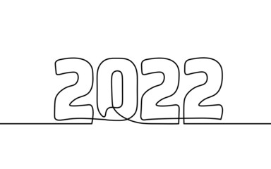2022 New Year single continuous line art. Holiday greeting card headline decoration. Date numbers concept design. One sketch outline drawing white vector illustration