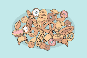 Bakery bread hand drawing set. Buns baguette croissant cookies donuts vintage sketch line vector illustration. Cafe restaurant menu poster