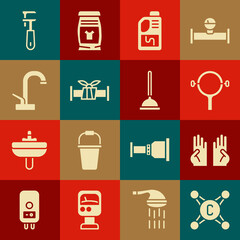 Set Water tap, Rubber gloves, Filter wrench, Drain cleaner bottle, Industry metallic pipe, Pipe adjustable and plunger icon. Vector