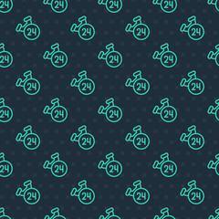 Green line Telephone 24 hours support icon isolated seamless pattern on blue background. All-day customer support call-center. Full time call services. Vector